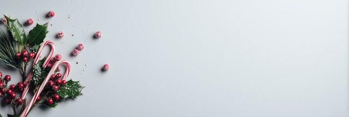 Candy canes and holly on white background with copyspace for Christmas banner design