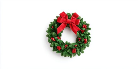 Minimal Christmas wreath with red ribbon and holly, isolated on white for clean branding visuals