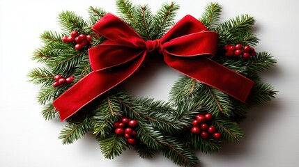 Christmas wreath with red ribbon and berries on white background, perfect for holiday marketing