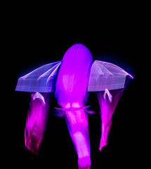 Long exposure of brightly lit objects floating in the night sky