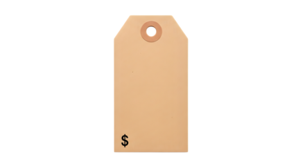A blank, light brown paper tag with a reinforced hole at the top and a small black dollar sign printed near the bottom, isolated on a transparent background