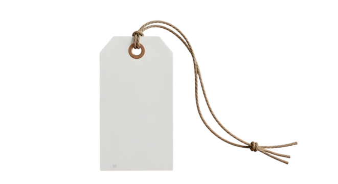 Blank white paper tag with string, isolated on transparent background