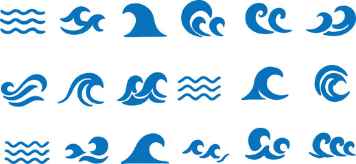 Water wave icon vector set, blue ocean wave symbols and ripple line illustrations for sea, surf, nature, and aquatic design projects