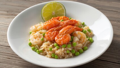 Rice with ginger, green peas, shrimp, and lime served on a white dish over a wooden surface