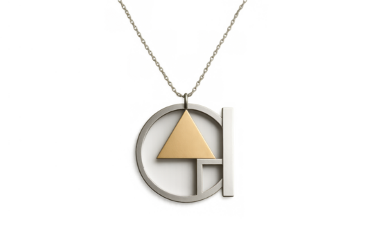 Modern geometric metal necklace with gold triangle pendant, abstract circle design on transparent background - Powered by Adobe