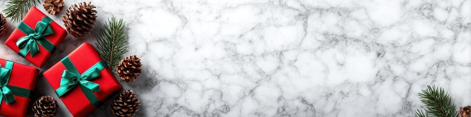 Holiday gift border with red present boxes and pinecones on marble background, festive seasonal layout for product display and branding