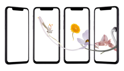 Four phones with floral design connecting them, screens white, isolated on black