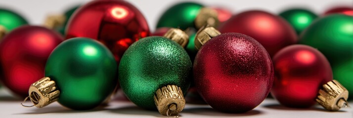Close-up of glossy Christmas baubles in red and green, festive holiday texture background for seasonal marketing and design assets
