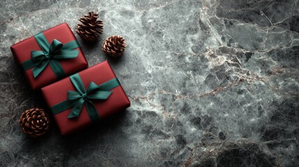 Elegant Christmas gift boxes on dark marble background with pinecones, luxury holiday composition for seasonal campaigns and premium branding