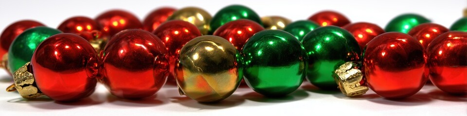 Row of glossy Christmas baubles in traditional holiday colors, festive border background for seasonal banners, greetings and marketing visuals