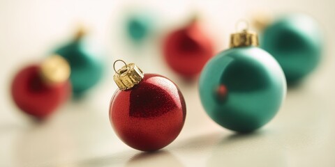 Minimal Christmas ornament composition with red and green baubles in soft focus, elegant seasonal background for holiday marketing and design