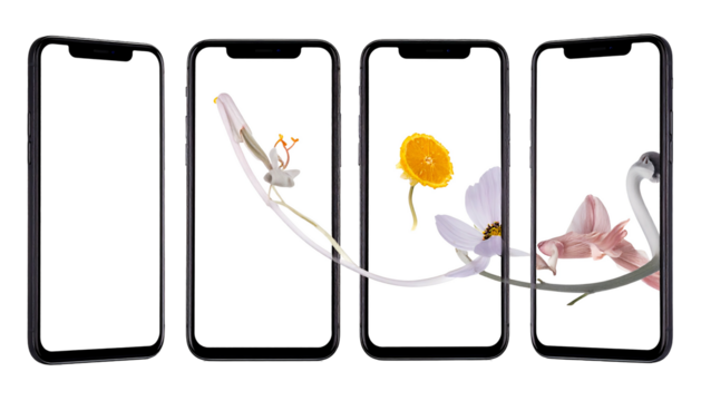Four phones with floral design connecting them, screens white, isolated on black