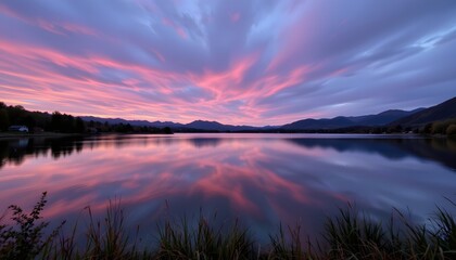 Scenic Sunset Over Calm Lake with Colorful Reflection and Dramatic Cloud Patterns