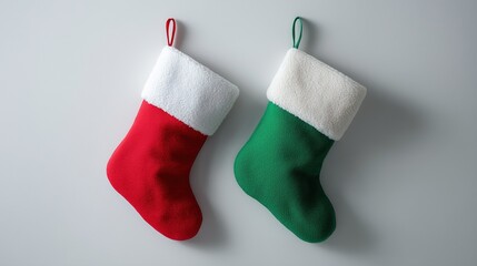 Minimal Christmas stockings in red and green hanging on soft winter background, simple festive decor for seasonal branding and holiday advertising