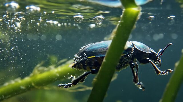 A beetle exploring underwater aquatic vegetation