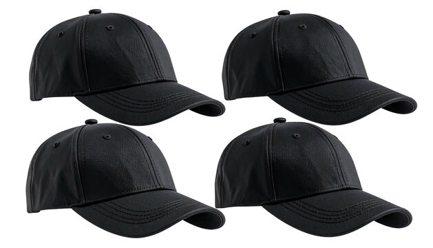Four plain black baseball caps arranged on a black backdrop, shown from a three-quarters angle