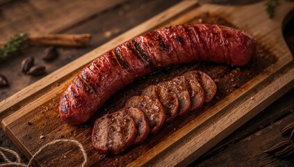 Barbecue sausage served on a wooden platter
