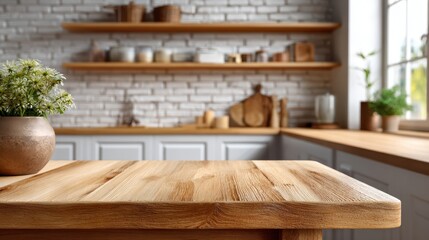 Rustic wooden table in a bright kitchen with shelves and plants