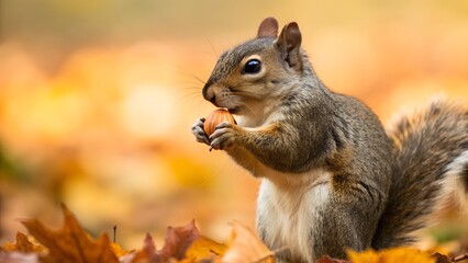Obraz premium Eastern Gray Squirrel Eating A Nut In The Autumn Forest With Golden Yellow And Orange Leaves