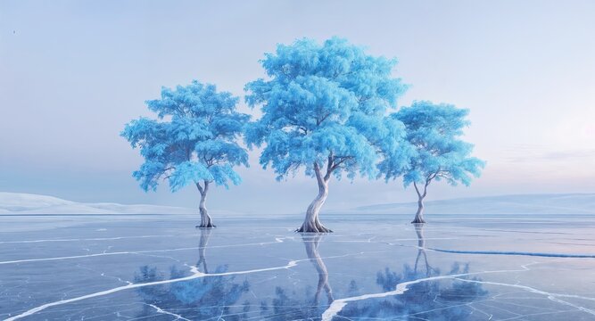 serene blue trees reflecting on icy landscape in a tranquil winter scene with soft pastel colors and ethereal atmosphere - AI Generated Digital Art