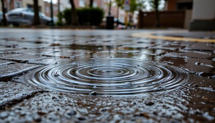 Raindrops Creating Ripples on Wet Pavement in Urban Street Environment