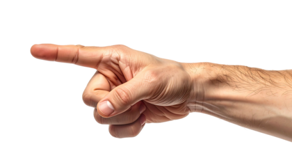 Isolated human hand gesture with extended index finger points left against a black background