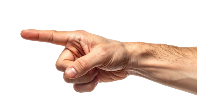 Isolated human hand gesture with extended index finger points left against a black background