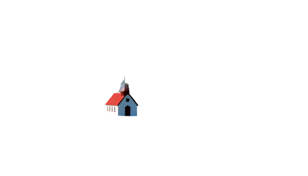Isolated, small church with red roof, against a solid black background in simple, pixelated style