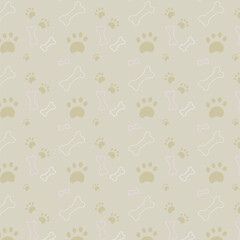 Cute Beige Paw Print and Bone Seamless Pattern Background, Neutral Pet Theme Vector for Fabric and Wallpaper