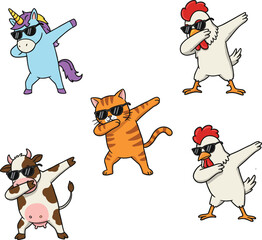 Funny animals dabbing dance pose illustration, cool cat cow chicken unicorn characters wearing sunglasses, comic vector art, playful cartoon design, humor artwork.