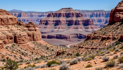 Vast Desert Canyon Landscape Showcasing Geological Formations and Arid Terrain Under Clear Blue Sky