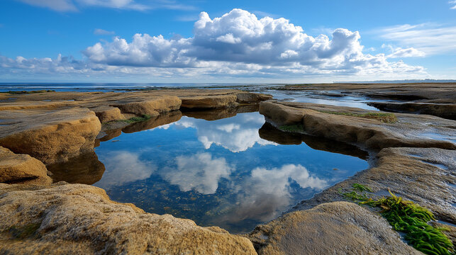 Coastal tidepool amble, reflections of clouds in rock basins, careful steps, walking, coast, tidepool, reflection, clouds, nature, exploration, marine, detail, calm, with copy spac