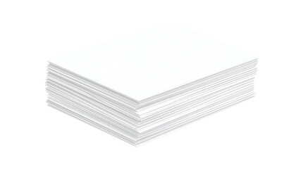 Isometric stack of blank white paper sheets, angled view, casting shadows on a transparent background