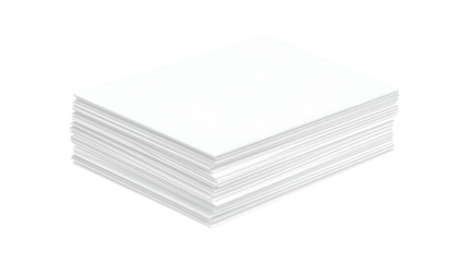 Isometric stack of blank white paper sheets, angled view, casting shadows on a transparent background