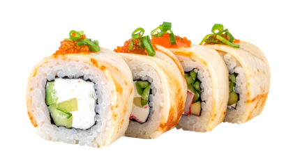 Four sushi rolls with cream cheese, cucumber, crab stick, and rice, garnished with sauce and greens on top
