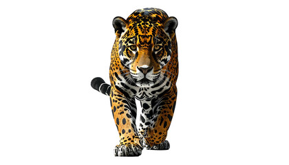 Jaguar walks forward; coat is dappled with black rosettes against a vibrant yellow background