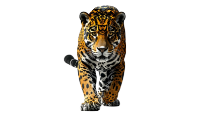 Jaguar walks forward; coat is dappled with black rosettes against a vibrant yellow background