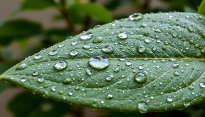 Closeup of Green Leaf with Water Droplets Highlighting Nature's Beauty and Freshness