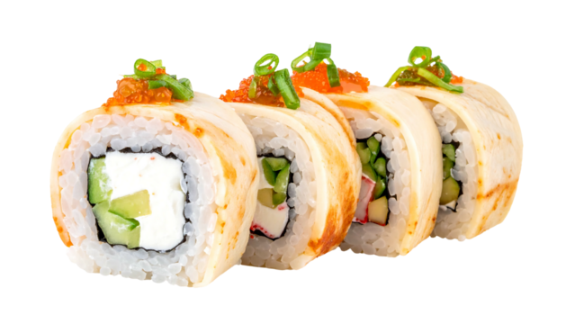 Four sushi rolls with cream cheese, cucumber, crab stick, and rice, garnished with sauce and greens on top