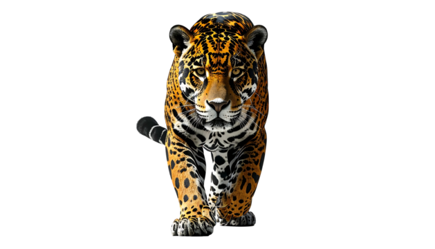 Jaguar walks forward; coat is dappled with black rosettes against a vibrant yellow background