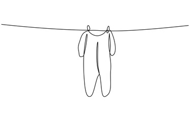 Continuous one line drawing clean clothes hanging on a rope. Laundry service concept. Editable outline