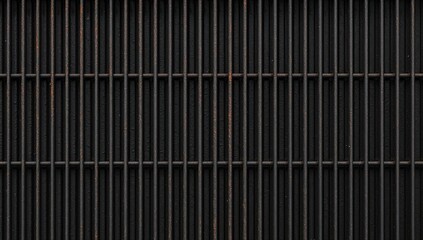 Panoramic view of a textured black corroded metal surface with a steel mesh cage for animals