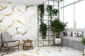 Obraz premium Calming interior 3D view. Elegant bathroom featuring marble flooring, quartz vanity, and pendant lighting in beige tones. 3D Rendering