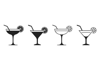 Margarita cocktail icon set. Line, filled with lemon slice outline, colorful version, 
Cocktail margarita glass icons, Bar symbol, Different style icons vector set