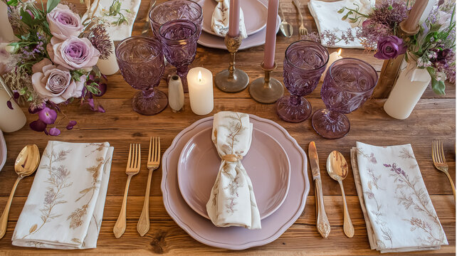 Elegant wedding table setting with purple, lavender, and gold accents, decorating a rustic wooden surface for celebration