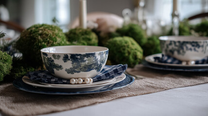 Elegant table setting for a special event, featuring blue and white dinnerware with rustic moss decor