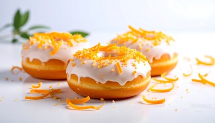 Three orange glazed doughnuts with white icing and orange zest