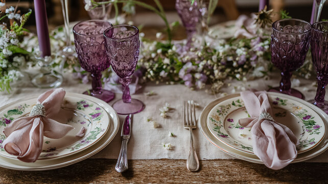 Vintage table setting with floral plates and purple glasses for a rustic elegant wedding reception - Powered by Adobe