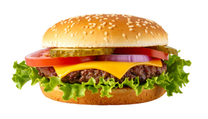 Juicy burger beef, cheese, lettuce, tomato, onion and pickle slices stacked between a sesame seed bun