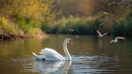 Beautiful white swan gliding on a river in springtime